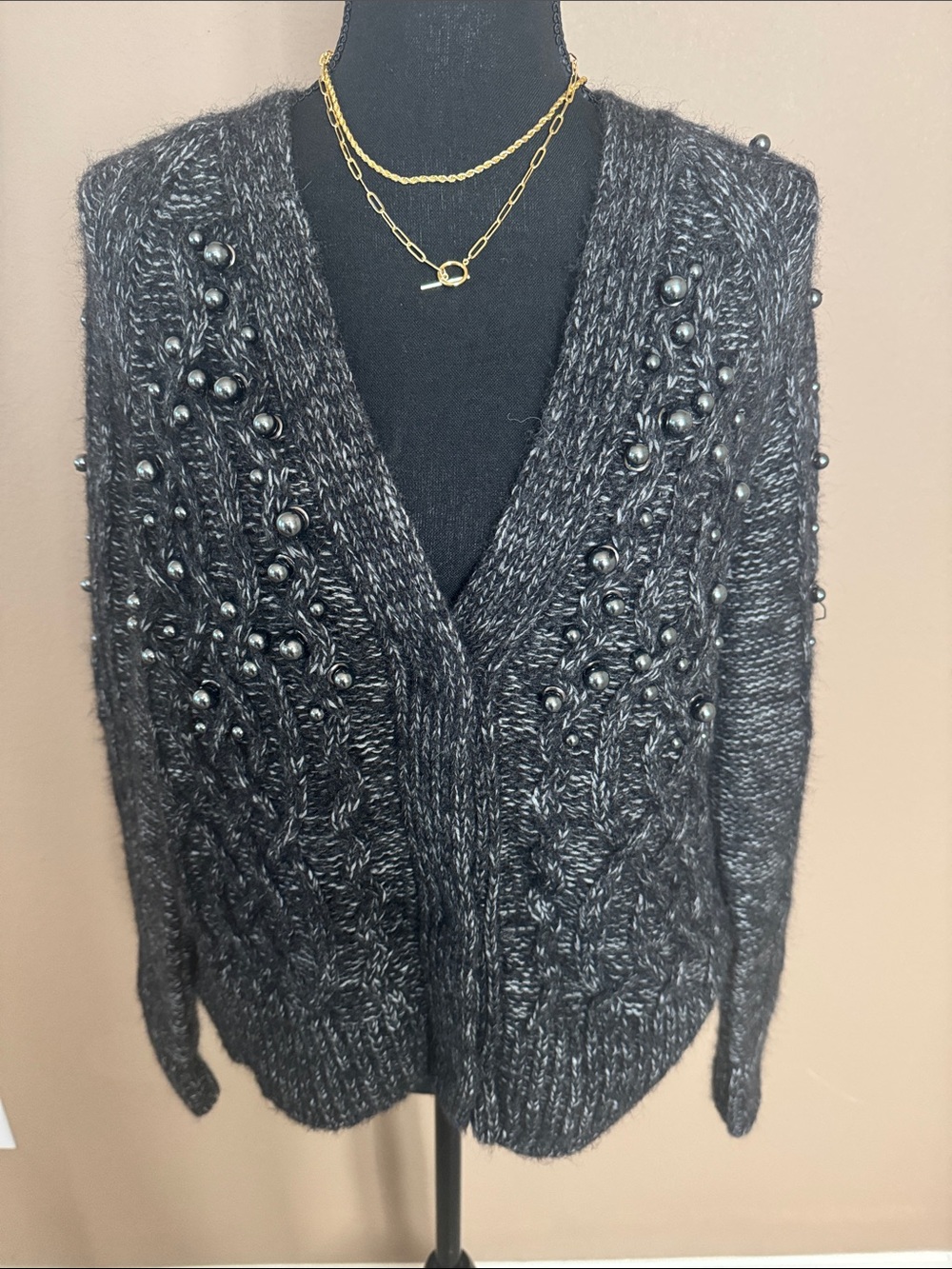 rag & bone Gray and Black Pearl Beaded Cable Knit V-Neck Cardigan Sweater